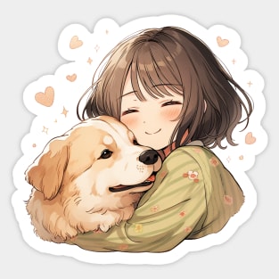 Cute Manga Girl Cuddling Dog Sticker